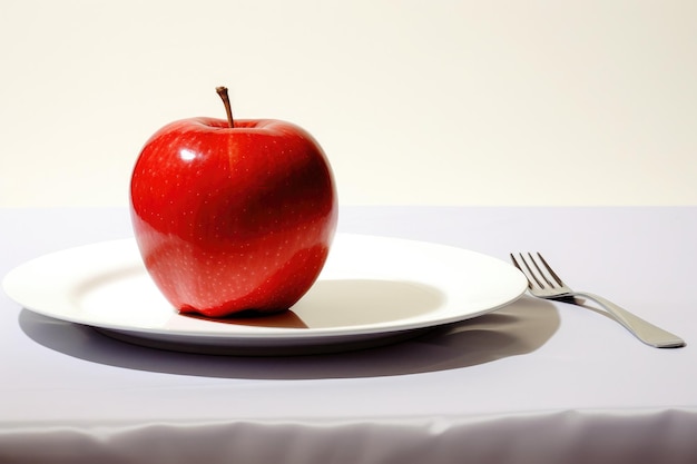 красное яблоко на белой тарелке