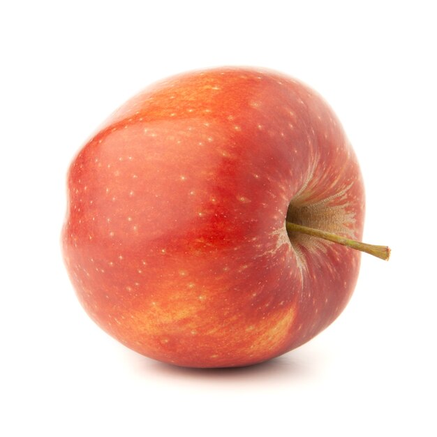 Red apple on a white with a shadow.