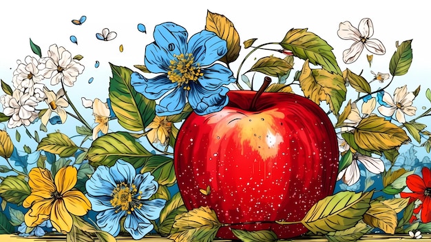 A red apple with blue flowers and a blue apple on the top.