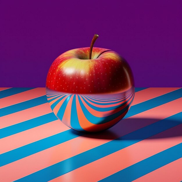 A red apple with a blue and orange stripes on a table