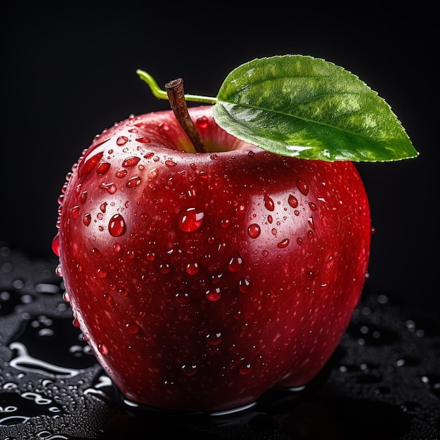 red apple with drops of water and a green leaf on a transparent background