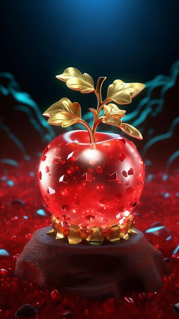 a red apple with gold leaves on a black stone.