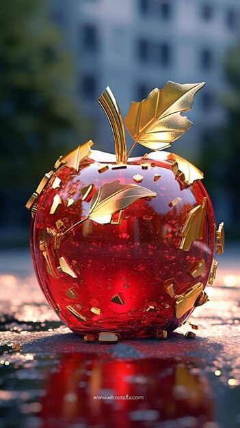 A red apple with gold leaves on it