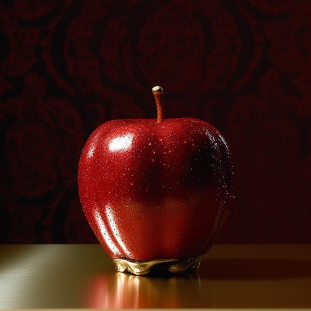 a red apple with a gold rim and a black background.