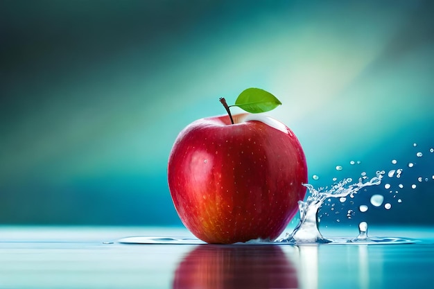 A red apple with a green leaf is splashing out of it.