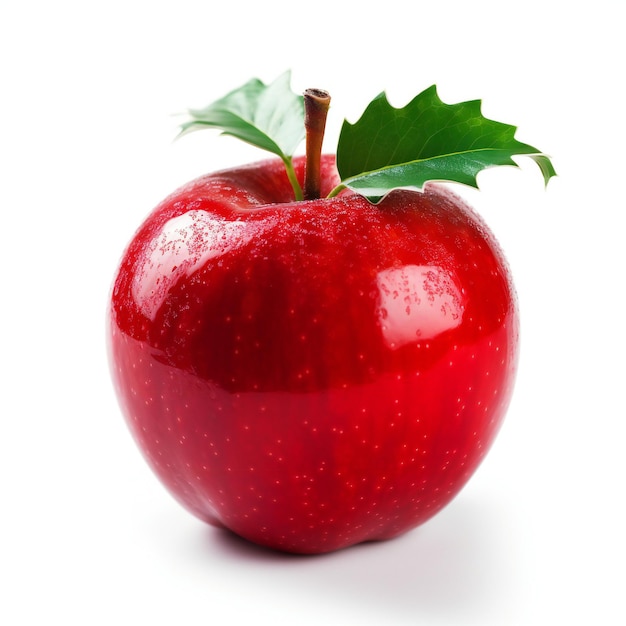 Red apple with green leaf isolated on white background