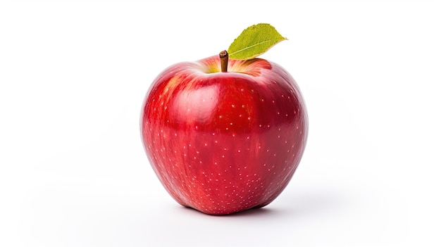 A red apple with a green leaf on it