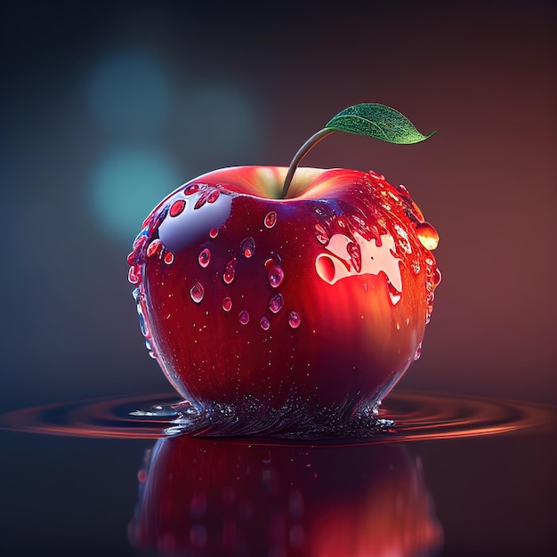 A red apple with a green leaf on it