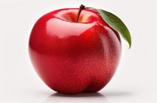 Красное яблоко с зеленым листом на нем