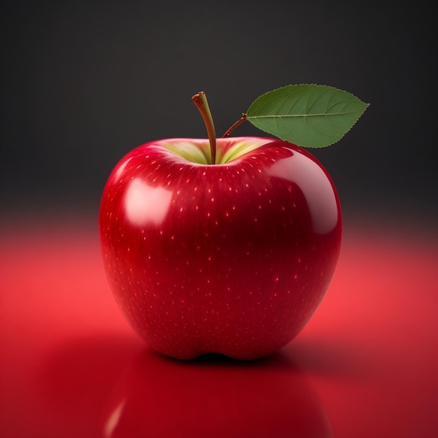 A red apple with a green leaf on it