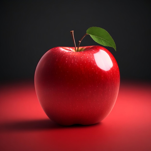 A red apple with a green leaf on it