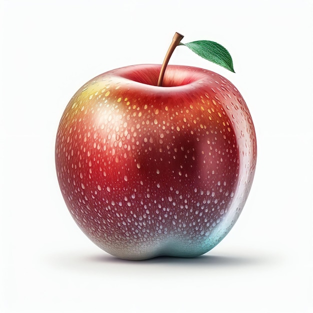 A red apple with a green leaf on it