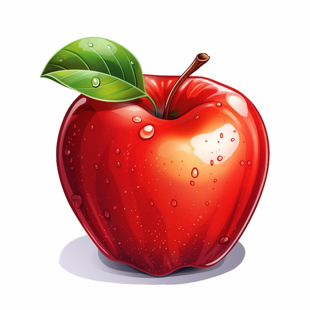 A red apple with a green leaf on it