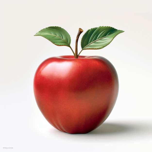 a red apple with a green leaf on its top.