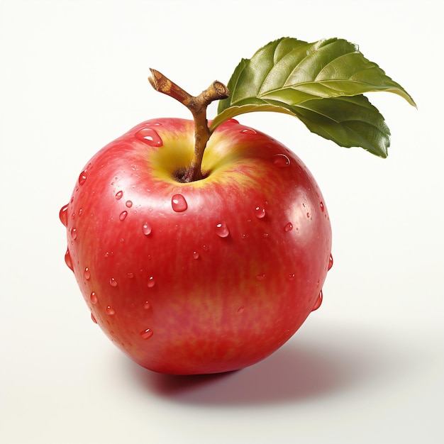Красное яблоко с зеленым листом и каплями воды на белом фоне