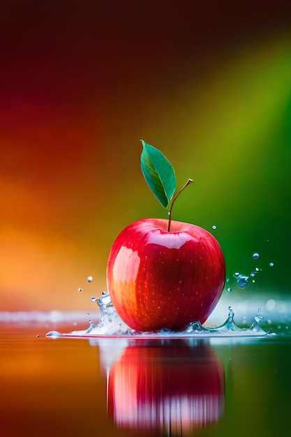 Red apple with a green leaf in water