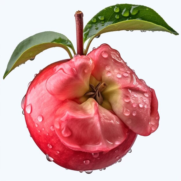 A red apple with green leaves and a flower on it