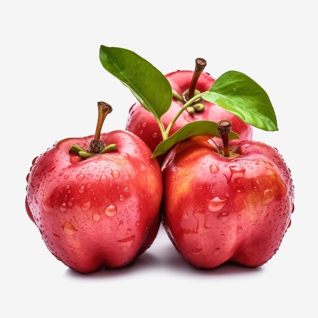 A red apple with green leaves is sitting next to a red apple.