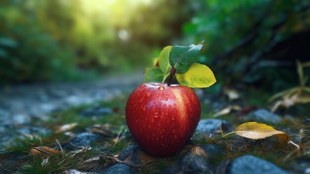 A red apple with green leaves sits on a rocky ground in the forest