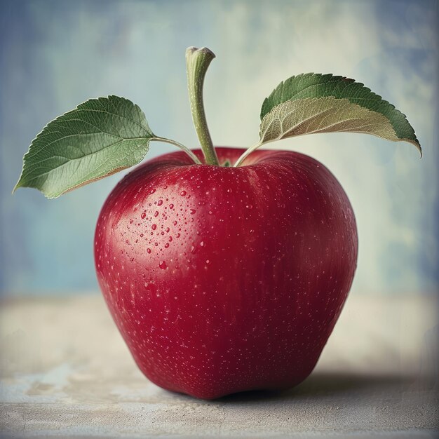 Photo a red apple with green leaves on a wooden table