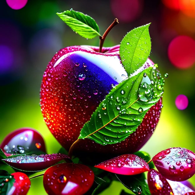 A red apple with green leaves and the word cherries on it