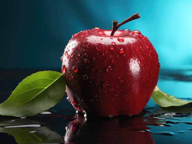 red apple with green leaves