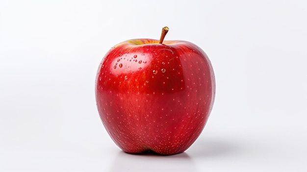 A red apple with a green stem and a white background.