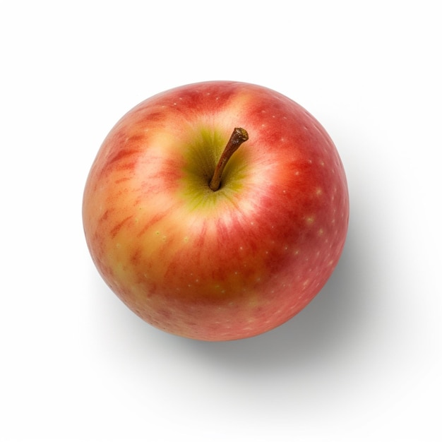 A red apple with a green stem and a white background