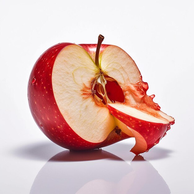 a red apple with a green stem and the word apple on it