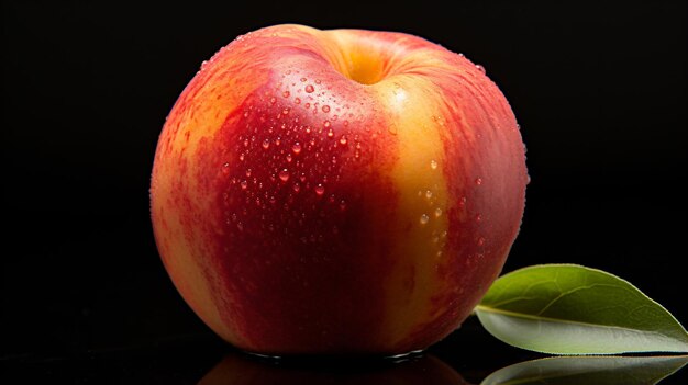 a red apple with a leaf on a black surface