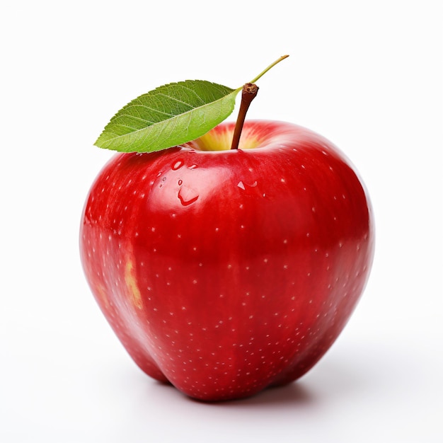 Red apple with leaf isolated on white background