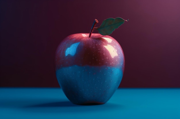 A red apple with a leaf on it is on a blue table.