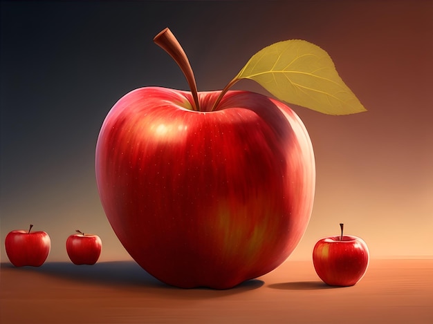 A red apple with a leaf that is on the left side.