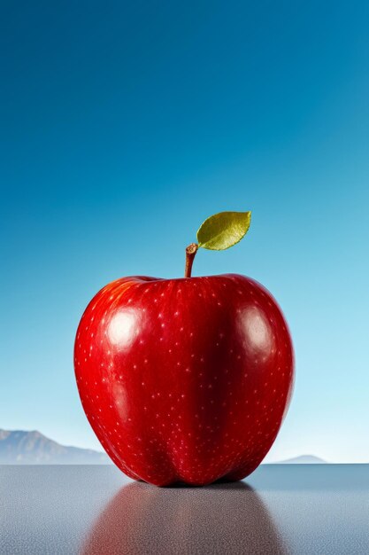 Red apple with leaf on top of it with mountain in the background Generative AI