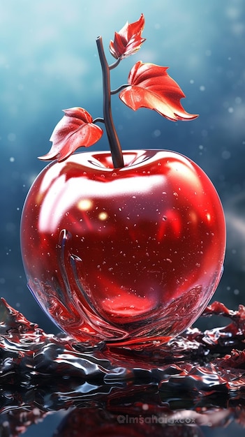 a red apple with a leaf of water drops.