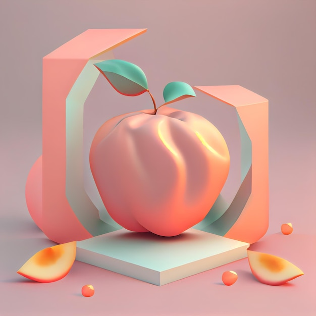 Red apple with leaves on a pink background 3d illustration