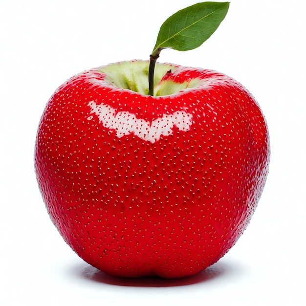 Красное яблоко с одним листом на белом фоне