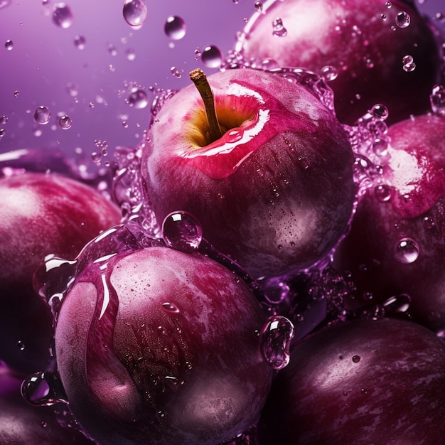 a red apple with a purple background and some water droplets