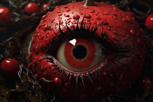 A red apple with a realistic human eye adorned with eyelashes and moisture droplets