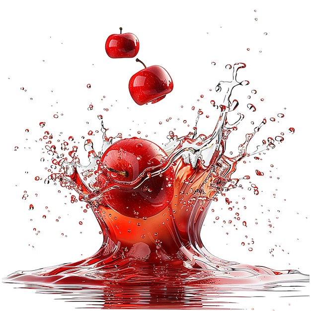 a red apple with splashes of water splashing in a pool of water