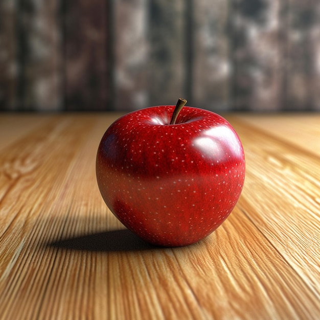 a red apple with a stem that has been placed on a table.