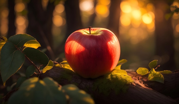 Red apple with sunrise in forest background Generative AI