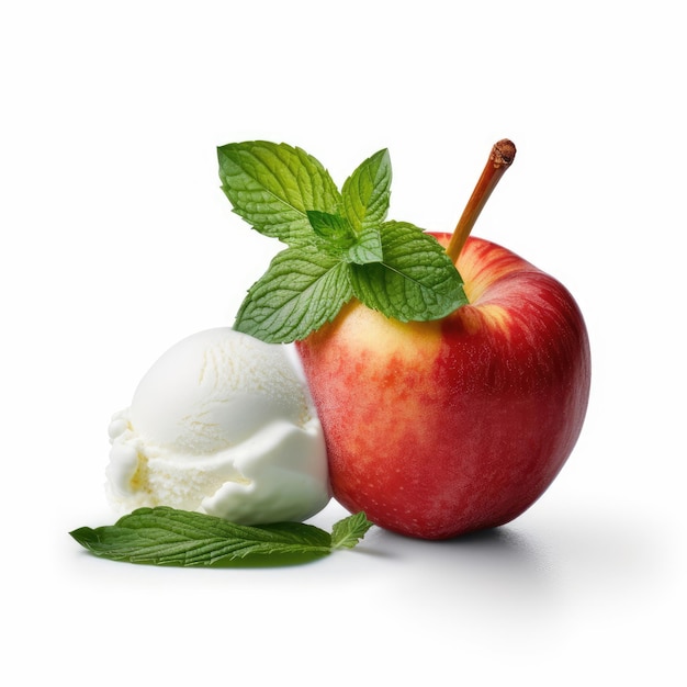 Red apple with vanilla ice cream on a white background