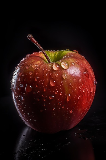 Red apple with water droplets on a black background