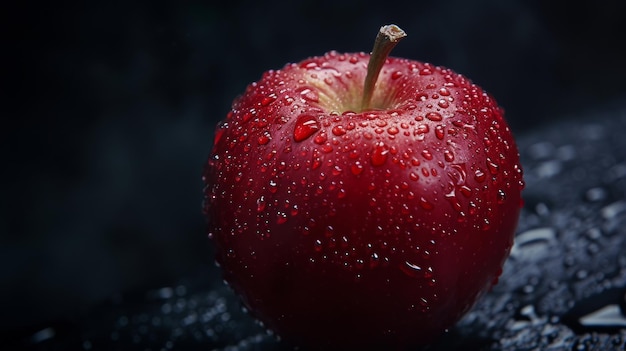 Red apple with water droplets on dark background