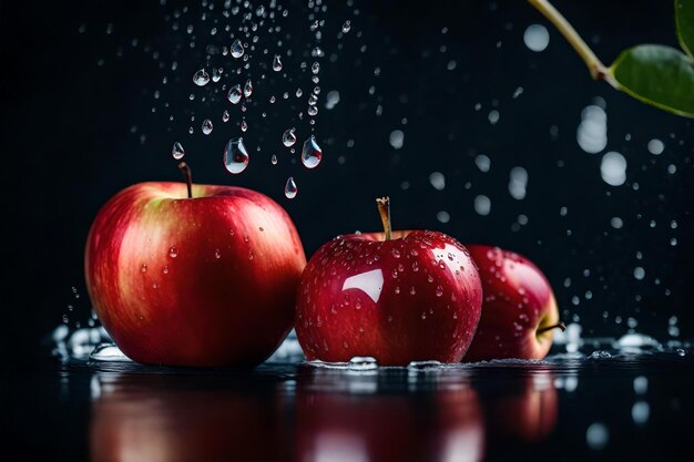 red apple with water drops