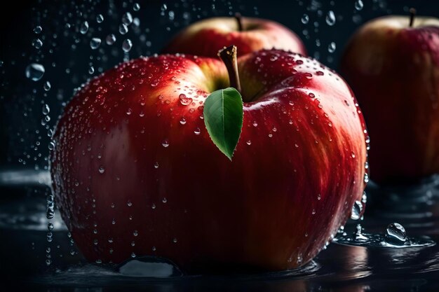 red apple with water drops