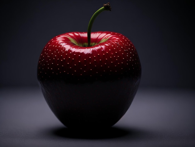 A red apple with white dots on the skin and a dark background.