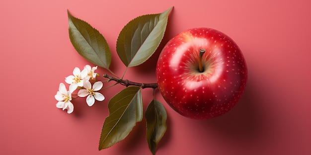 a red apple with white spots on it and a white flower on a pink background