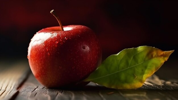 Red apple on wooden table with autumn leaves shallow depth of fieldgenerative ai